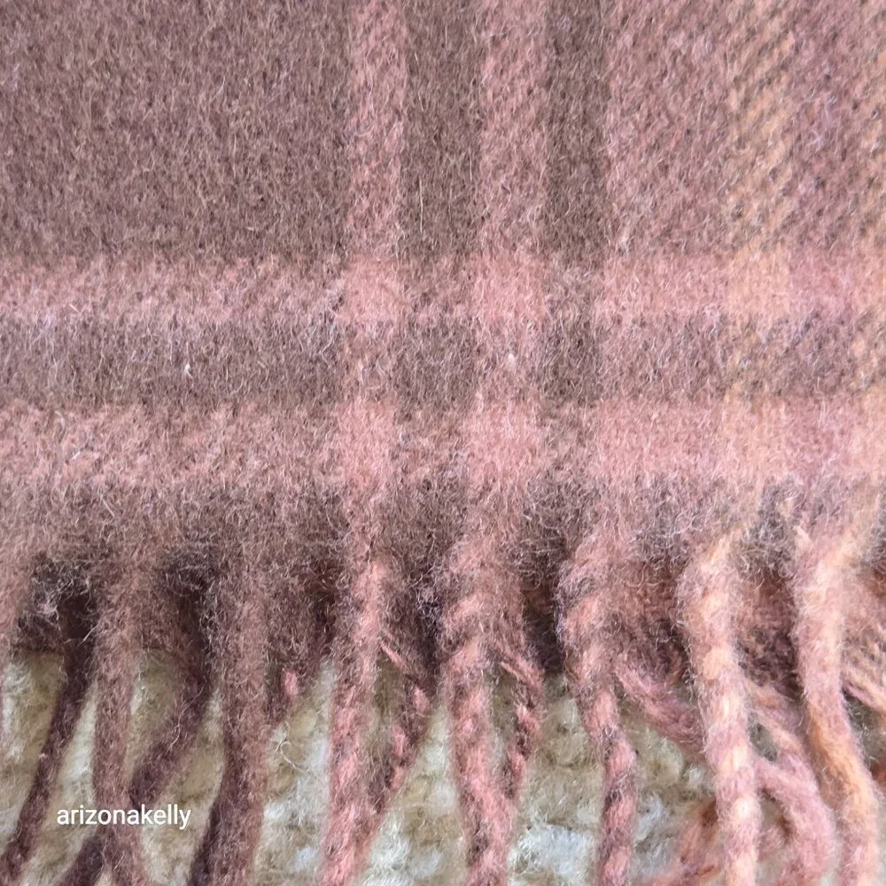NWT Cashmere Wool Plaid Scarf Fringe Pink Brown